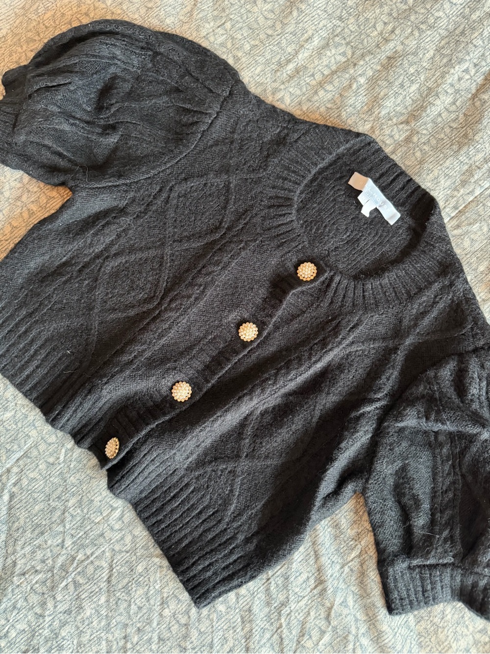 Hill House Black Puff-Sleeve Knit Cardigan with Gold Pearl Cluster Buttons